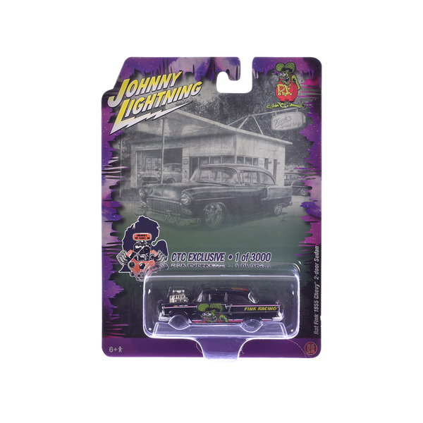Johnny Lightning '55 Chevy Sedan Rat Fink Racing Black 1/64